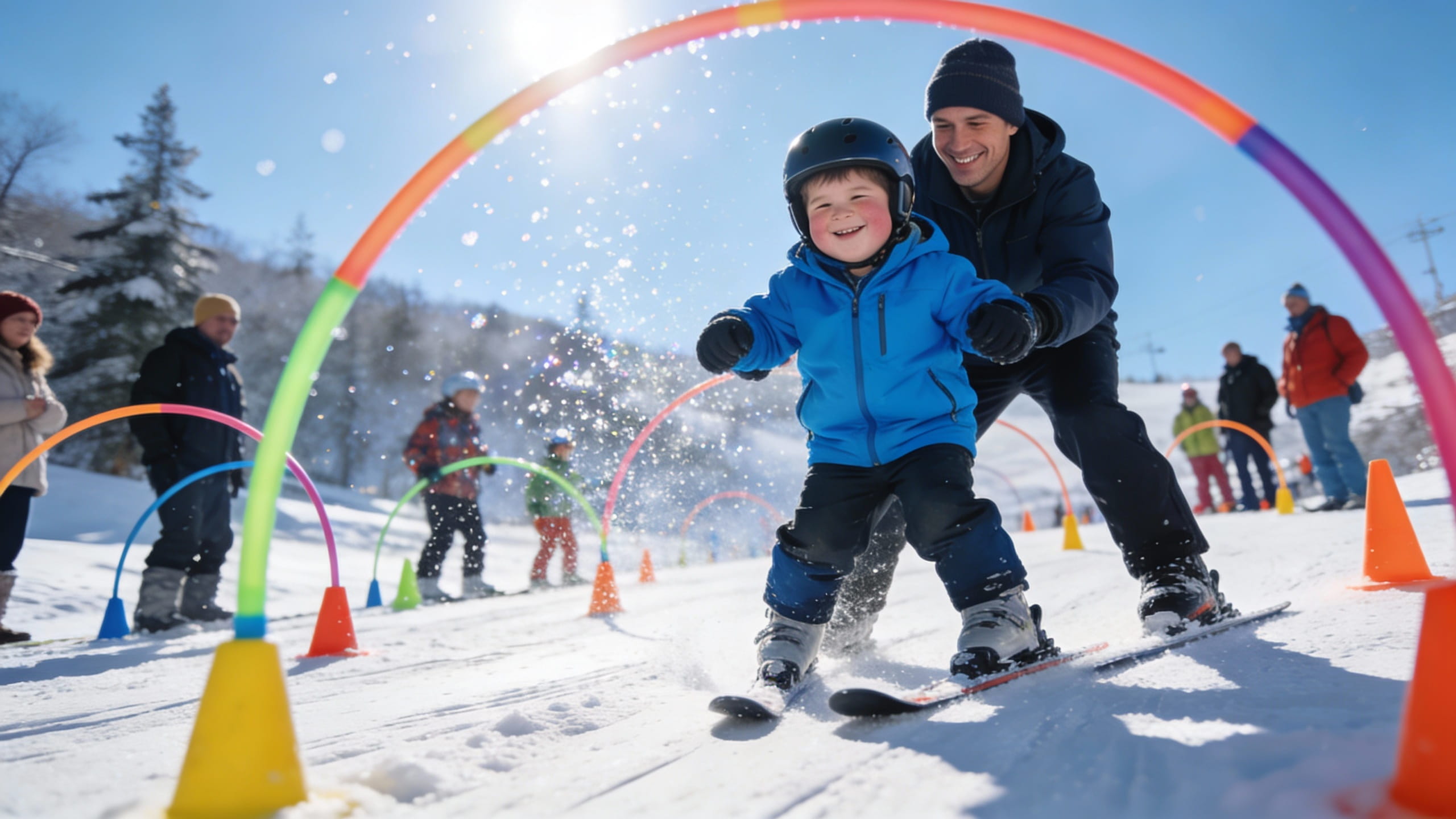 A joyful young boy with Down syndrome wearing a bright blue ski jacket and helmet, receiving patient instruction from a smiling instructor on gentle beginner slopes.