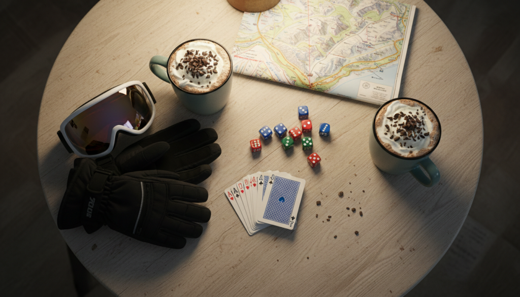 Top-down view of a table with a deck of cards, dice, hot chocolate mugs, and a folded trail map, with ski gloves and goggles off to the side.