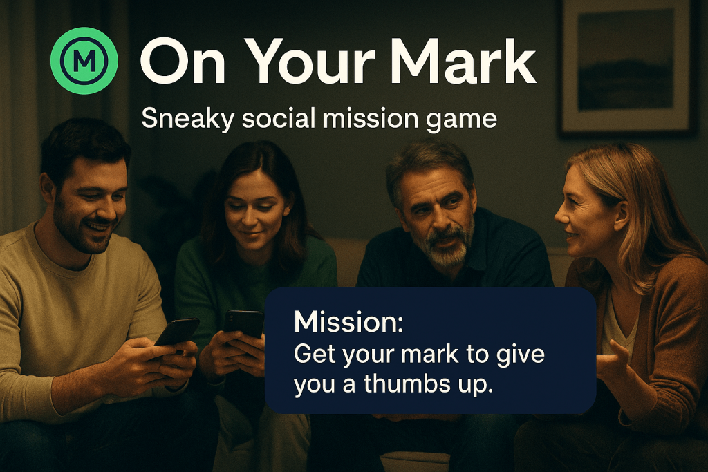 Family/friends playing On Your Mark on a couch with their phones and talking/laughing.