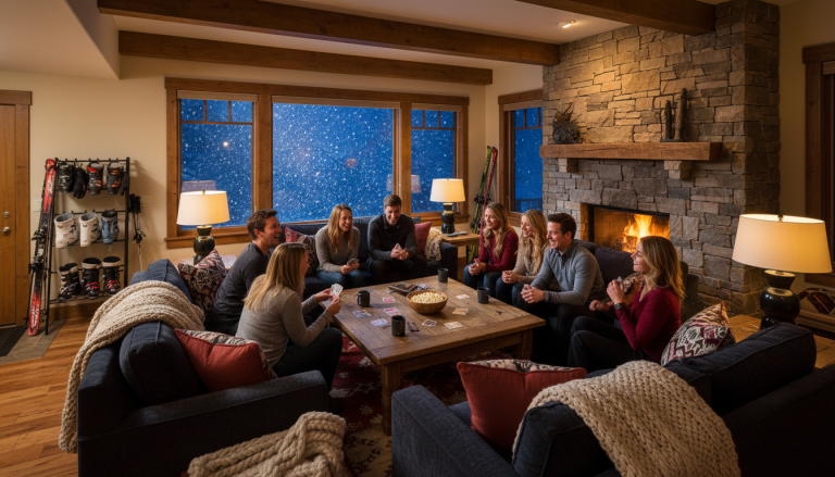 A cozy ski condo living room at night, family and friends sitting around a coffee table playing cards, ski gear drying near the door, soft warm lighting.