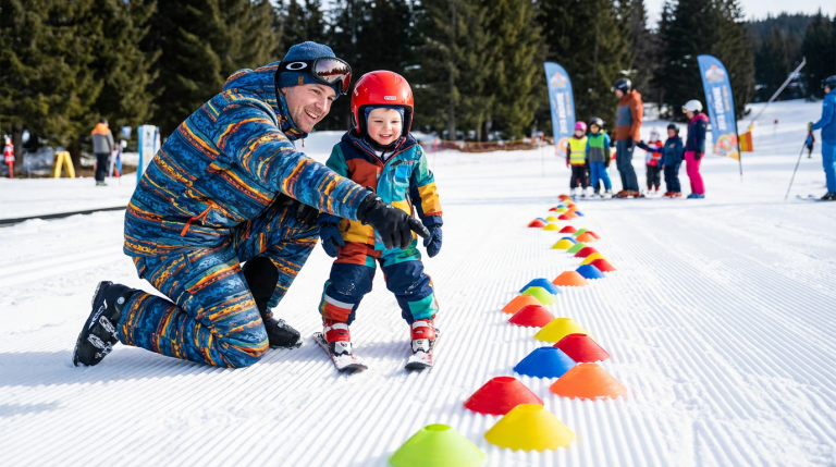 A parent and child on a gentle beginner slope, smiling, with the parent pointing toward a simple “follow-the-leader” path in the snow.