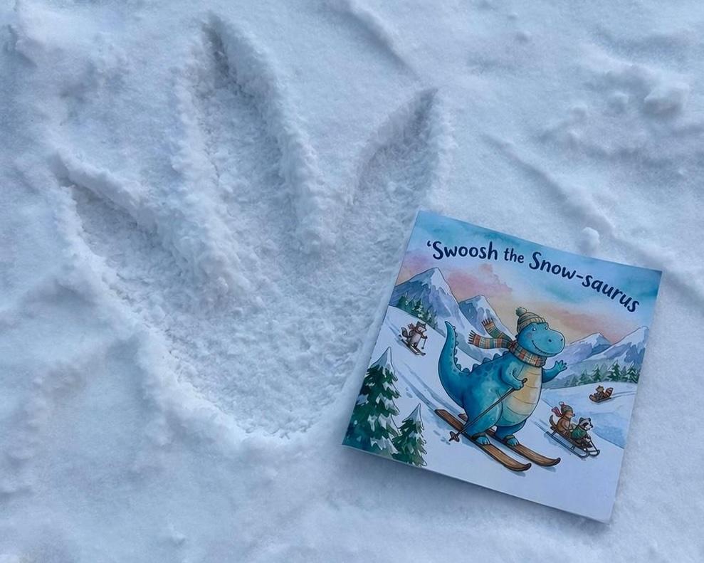 The Swoosh book with a dinosaur footprint in the snow.