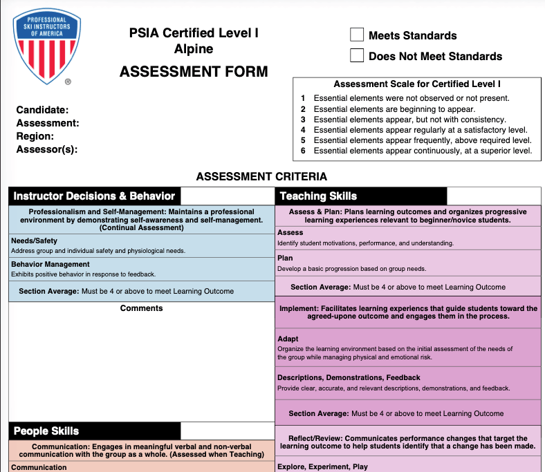 PSIA Assessment form example