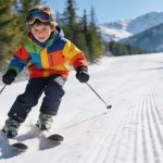 A 7-year old boy skiing, making a controlled turn.
