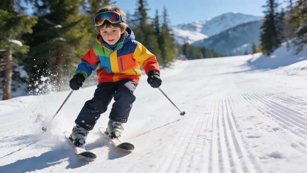 A 7-year old boy skiing, making a controlled turn.