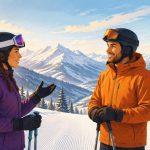 Illustration of a ski instructor listening as a student explains their lesson goals.