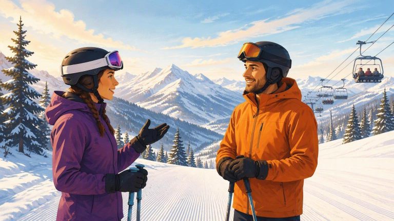 Illustration of a ski instructor listening as a student explains their lesson goals.